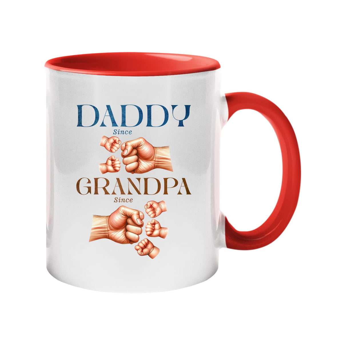 Colour handle mug with “Daddy since” and “Grandpa since” with generations of fist bumps – red handle and inside