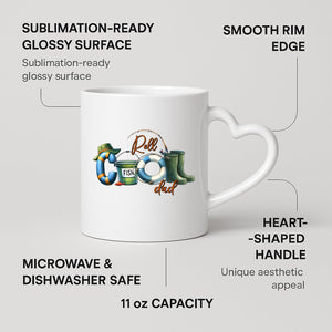 Reel Cool Dad heart-handle mug on a marble counter with fruit