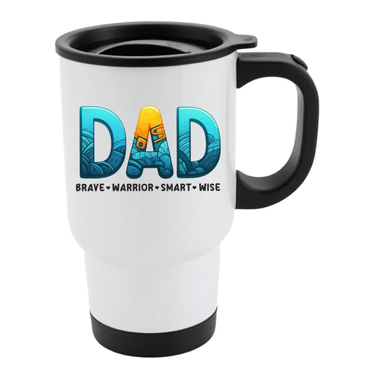 White travel mug with black lid and “DAD” in patterned blue and gold lettering above “brave · warrior · smart · wise”