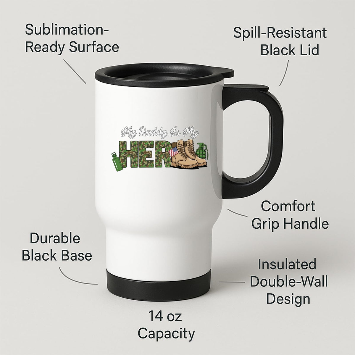 White travel mug with black lid and “My Daddy is my hero” in camo lettering with army boots and a flag