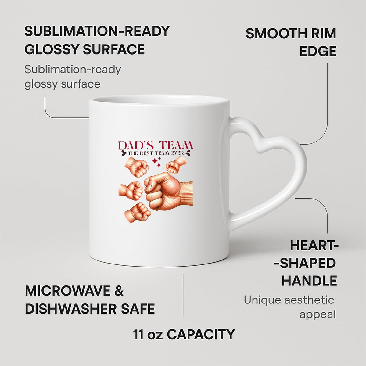 Heart-handle mug with labels for 11oz capacity, glossy surface and heart-shaped handle