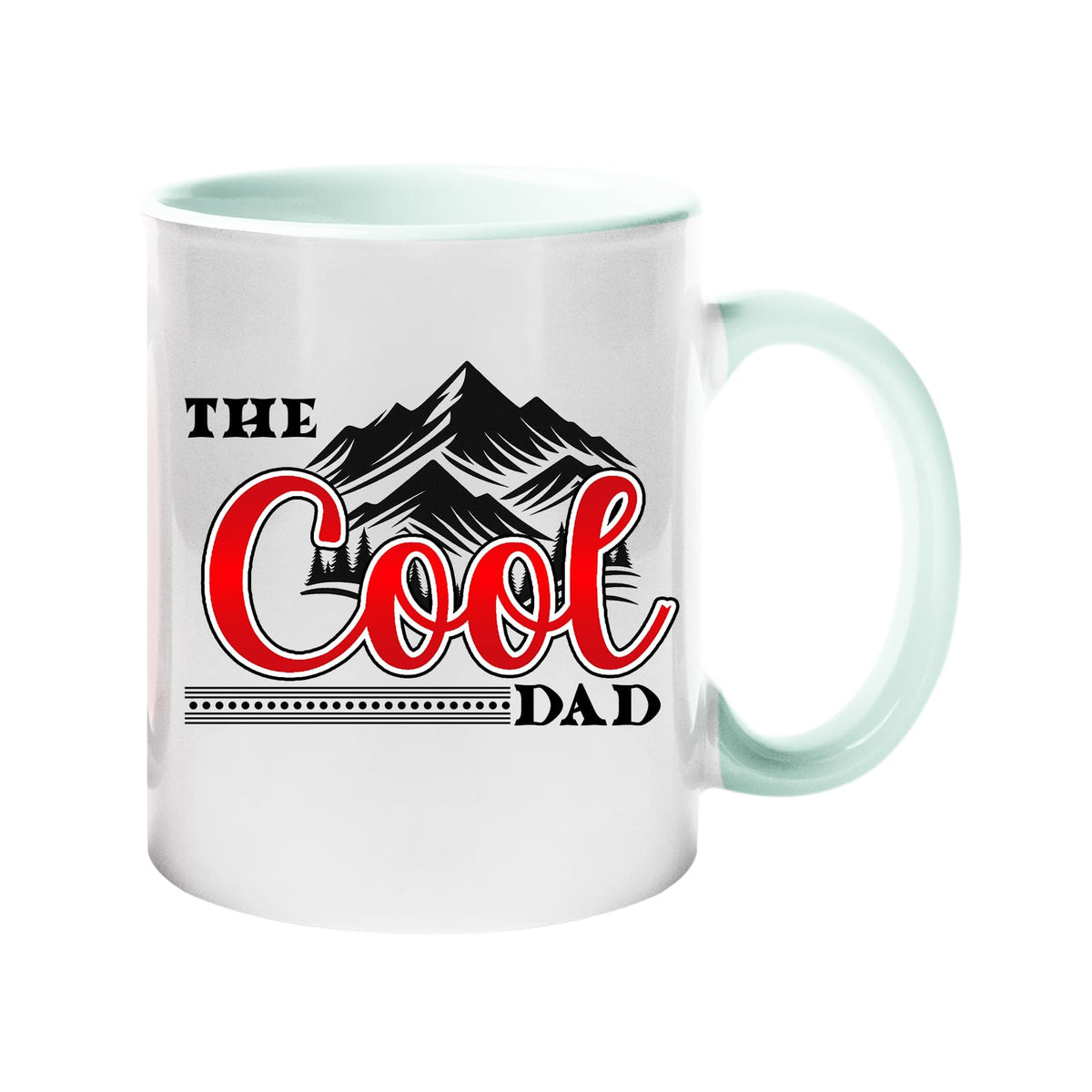Colour handle mug with “The Cool Dad” in red script under black mountain peaks – lime handle and inside