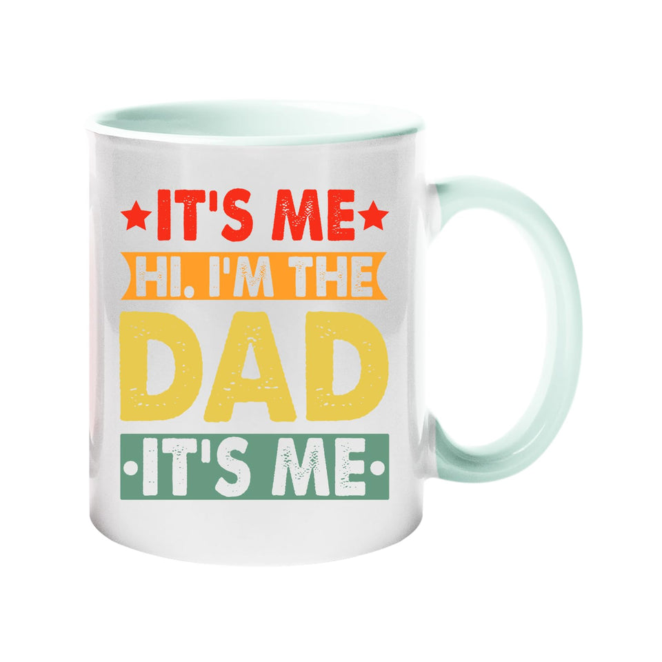 Colour handle mug with “It’s me, hi, I’m the dad, it’s me” in retro coloured banners – lime handle and inside