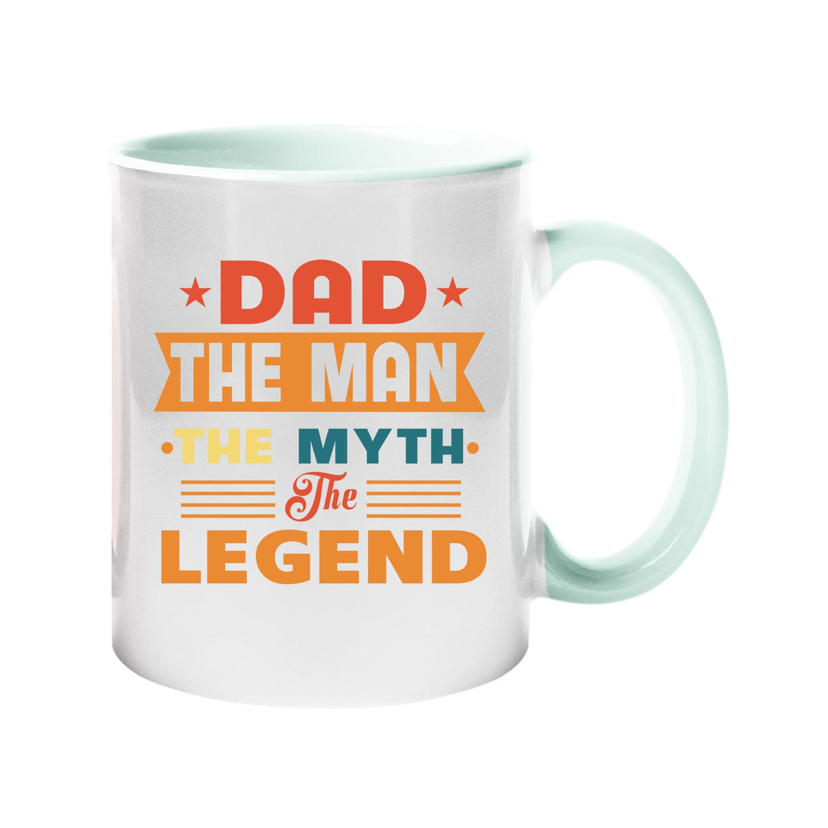 Colour handle mug with “Dad – the man, the myth, the legend” in retro banner lettering – lime handle and inside