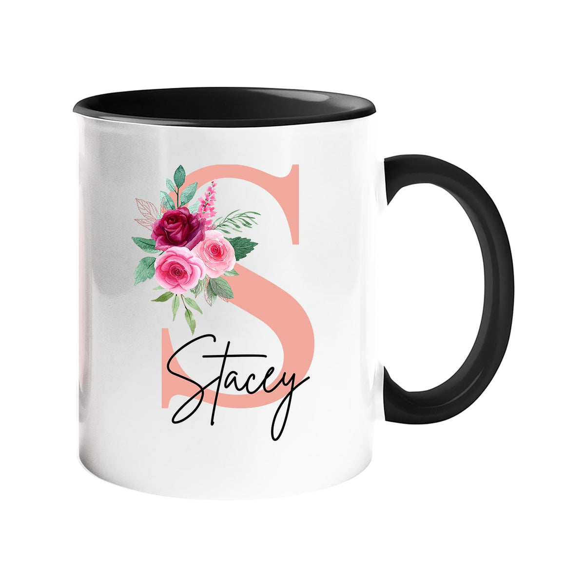 Colour handle mug with a blush pink initial with roses and an example name, black handle and inside