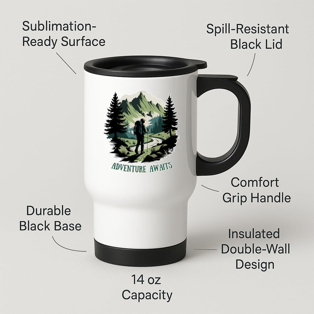 Travel mug with labels for spill-resistant lid, insulated double wall and 14oz capacity