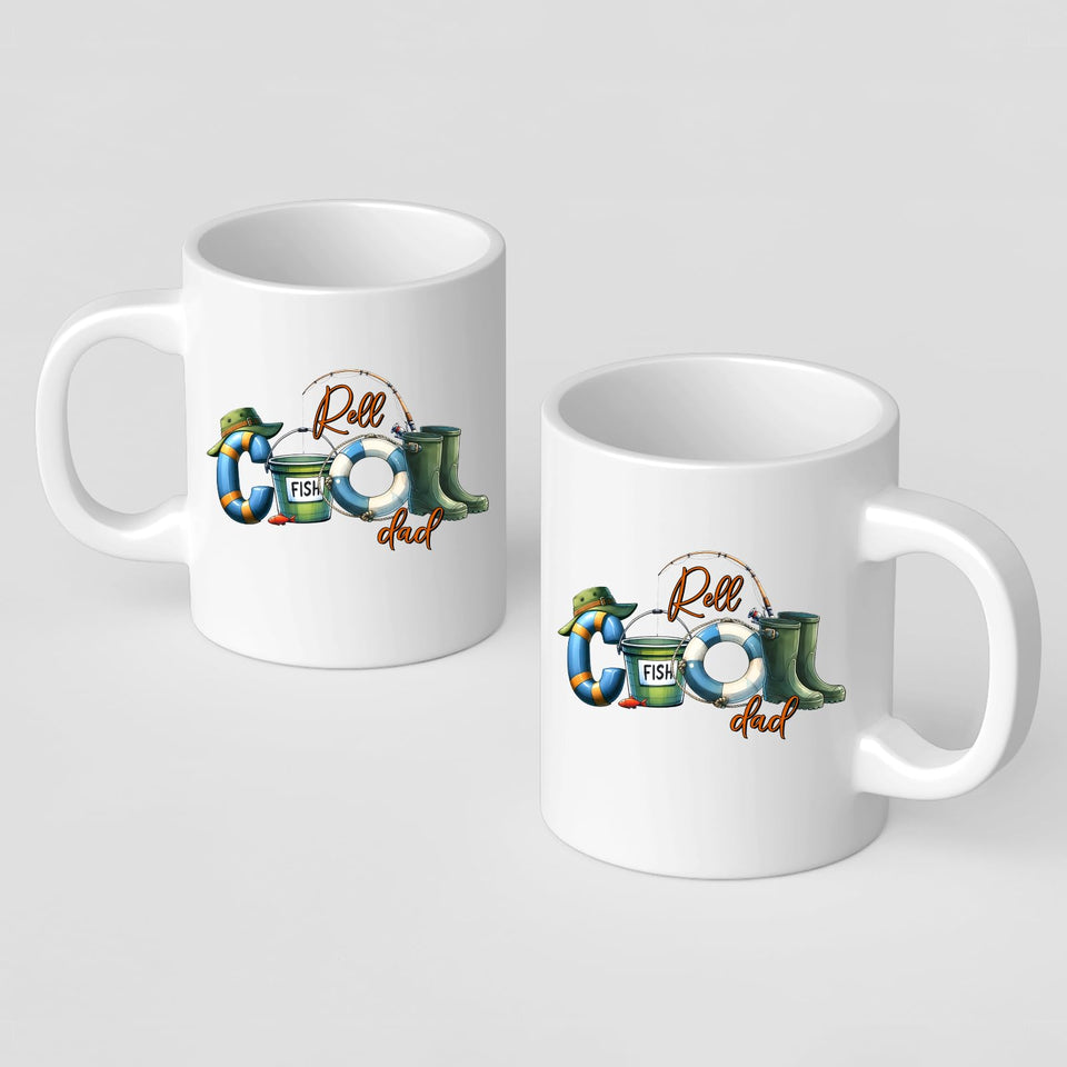 Front and back of the Reel Cool Dad mug