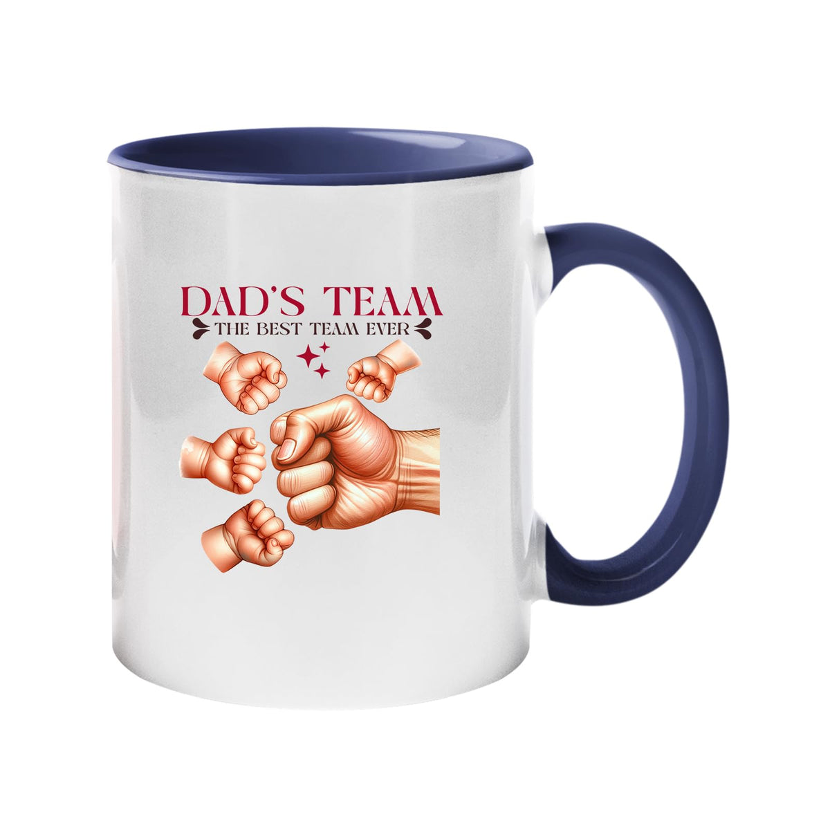 Colour handle mug with “Dad’s Team – the best team ever” with a big fist bumping little fists – dark blue handle and inside