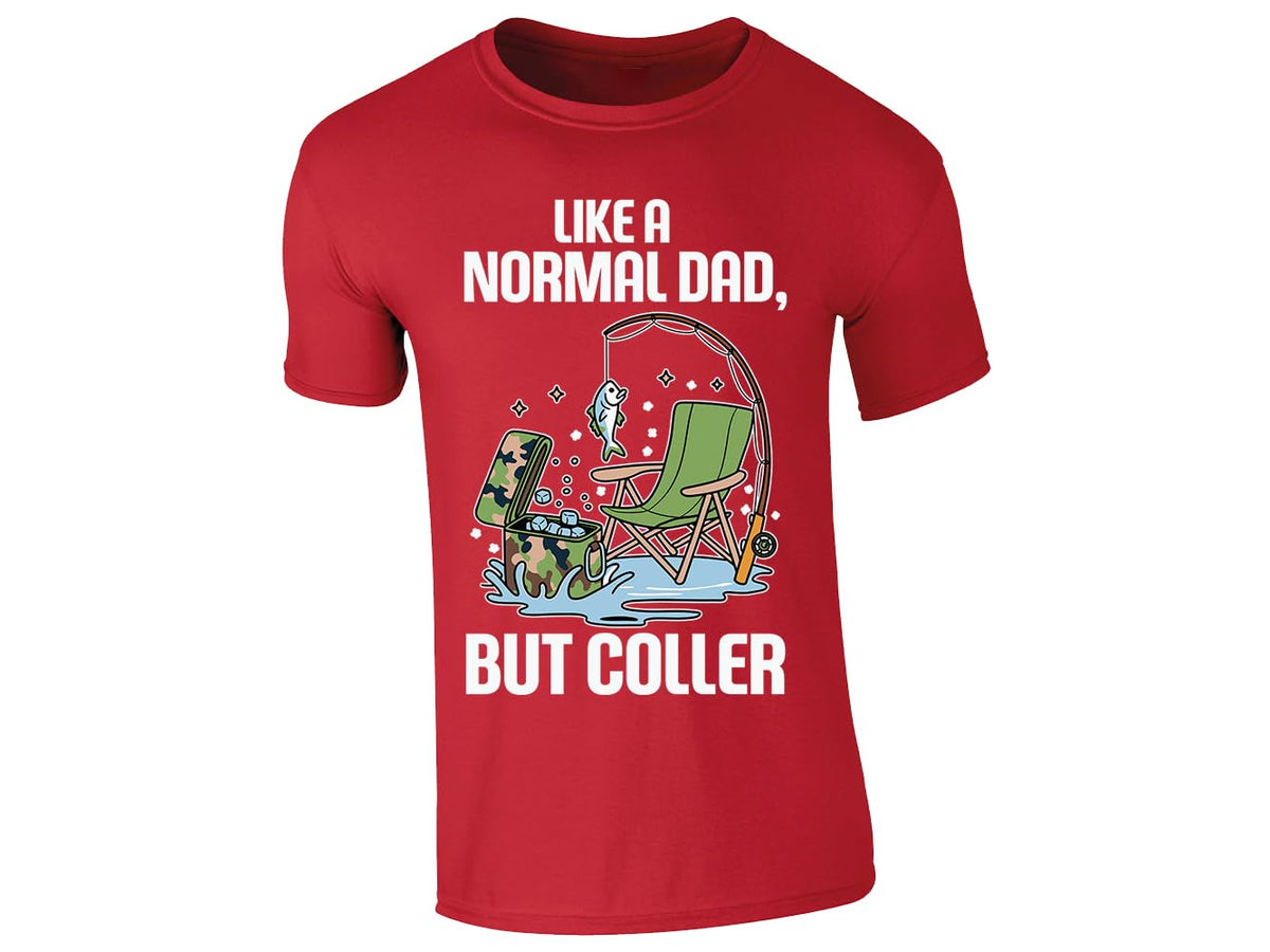 Red men's T-shirt with a fishing dad in a camp chair design