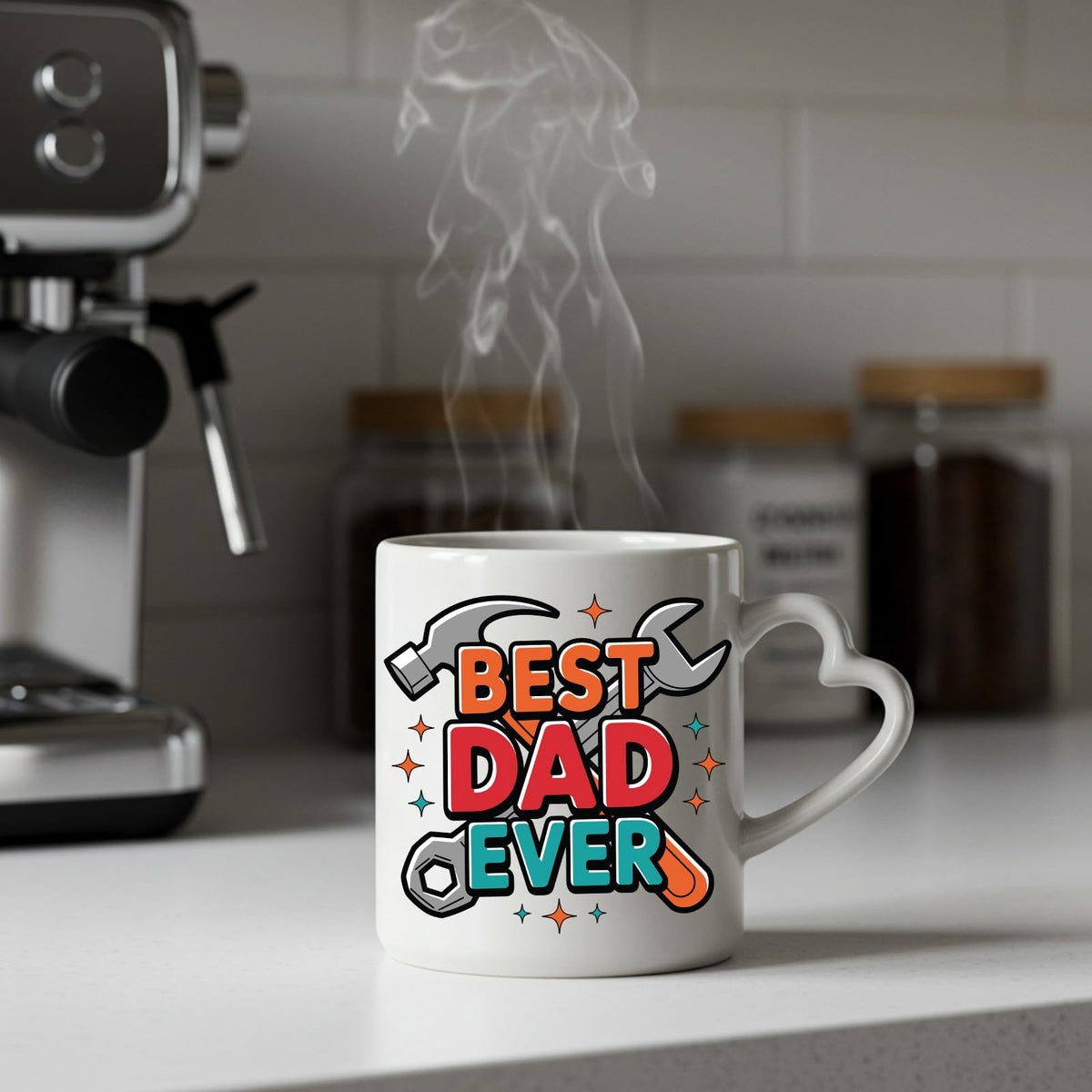 Steaming Best Dad Ever tools heart-handle mug on a kitchen counter