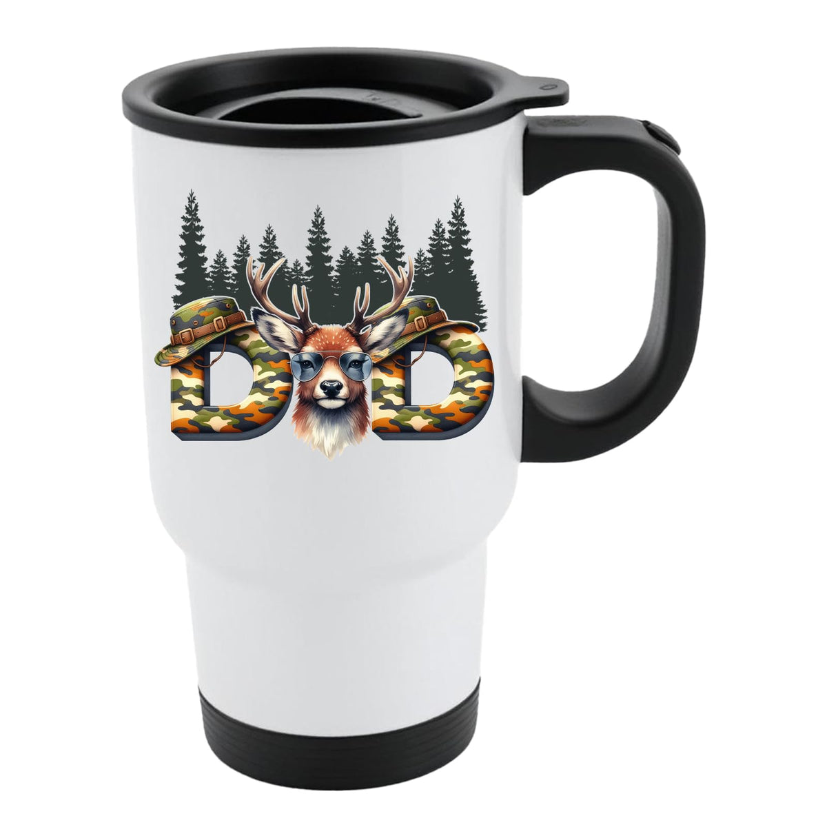 White travel mug with black lid and camo “DAD” letters with a stag’s head and pine forest