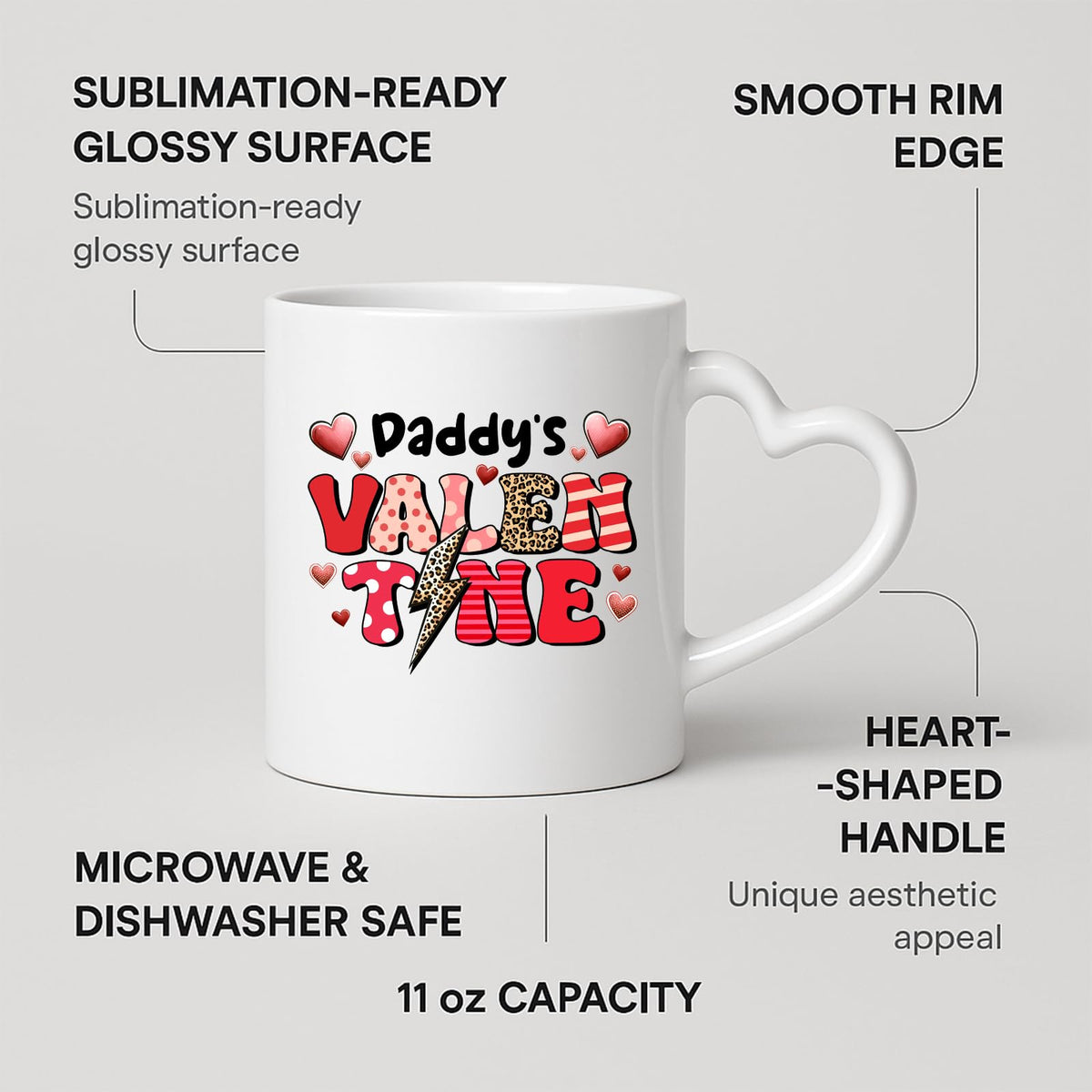 Heart-handle mug with labels for 11oz capacity, glossy surface and heart-shaped handle