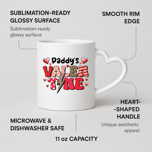 Heart-handle mug with labels for 11oz capacity, glossy surface and heart-shaped handle