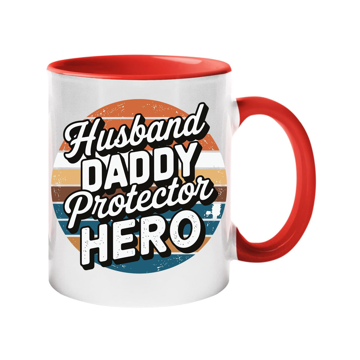 Colour handle mug with “Husband, Daddy, Protector, Hero” over a retro sunset circle – red handle and inside