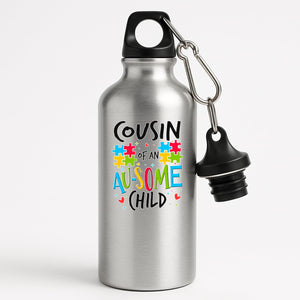 Silver aluminium water bottle with “Cousin of an AU-SOME child” with colourful puzzle pieces
