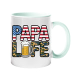 Colour handle mug with “Papa” in stars and stripes over camo “Life” with a frothy beer – lime handle and inside