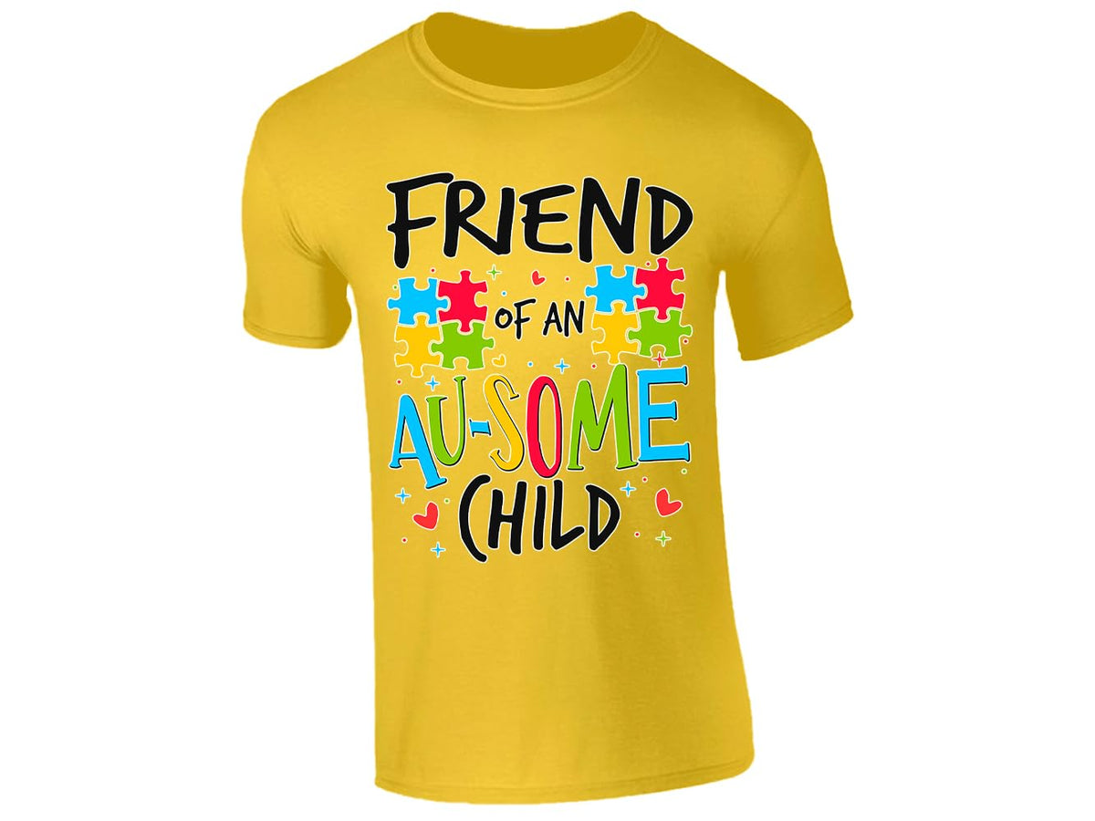 Yellow kids' T-shirt with “Friend of an Au-some child” puzzle piece design