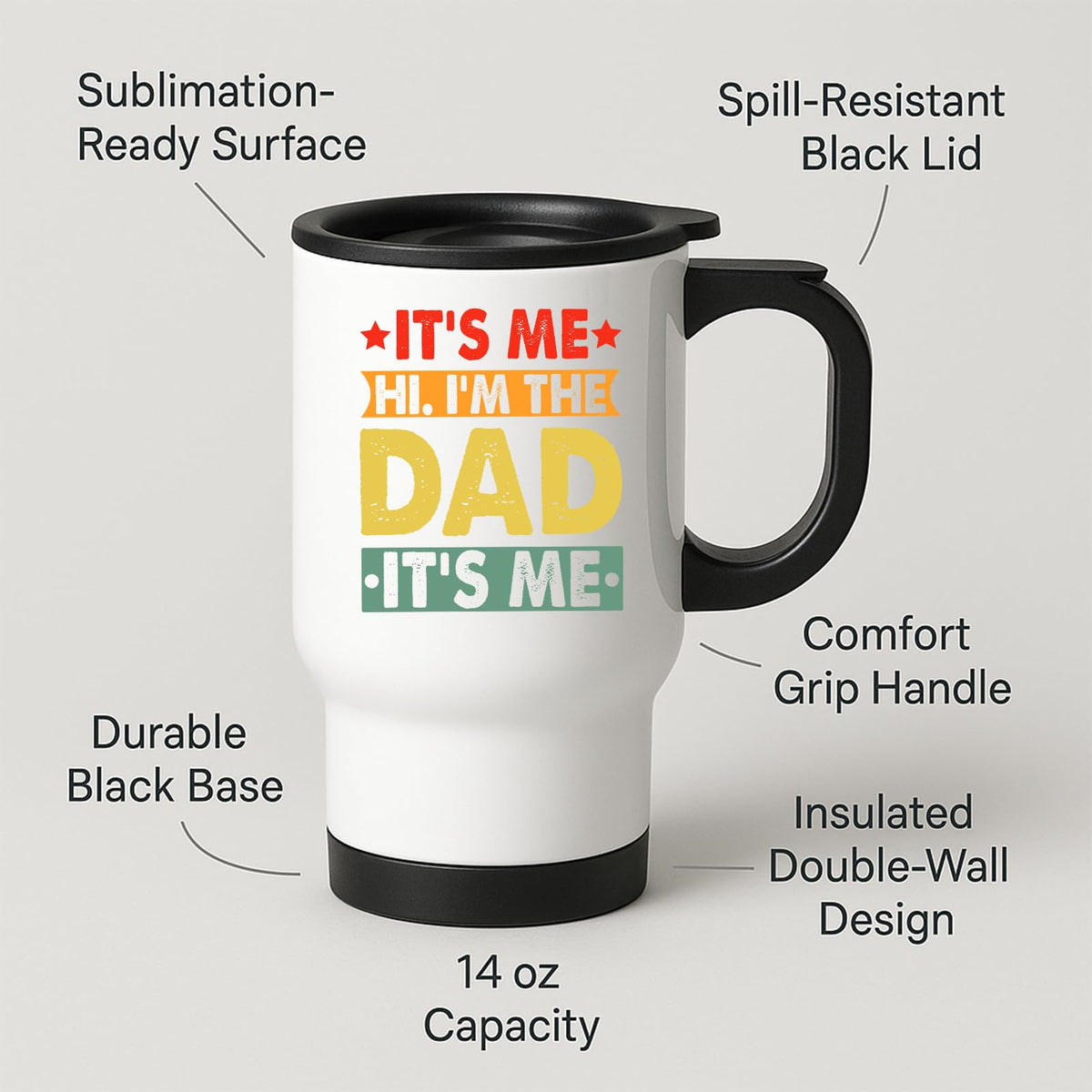 Travel mug with labels for spill-resistant lid, insulated double wall and 14oz capacity