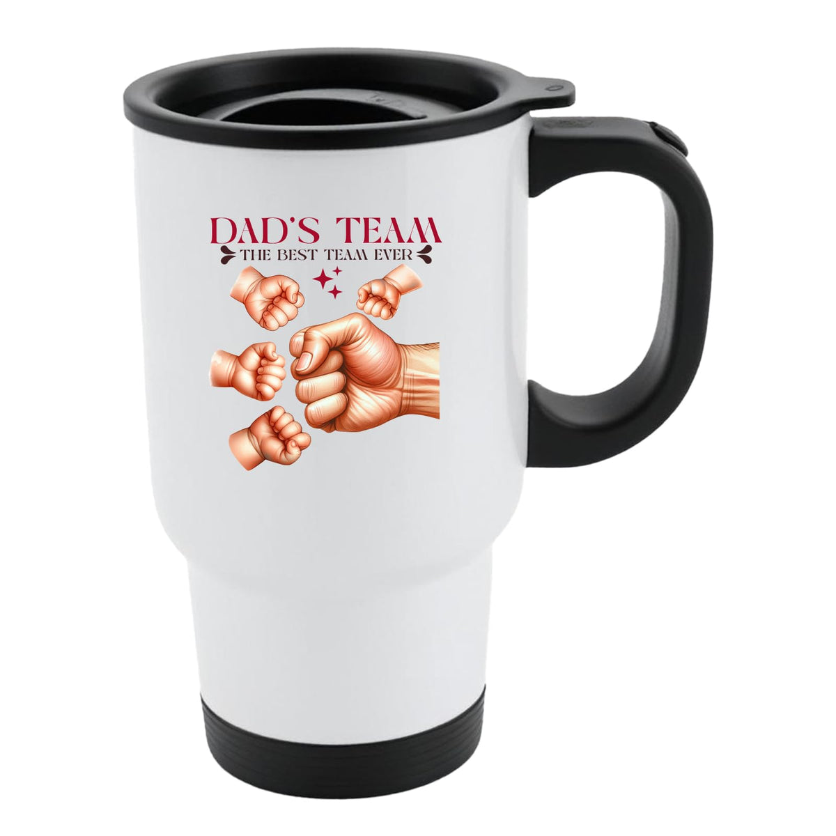 White travel mug with black lid and “Dad’s Team – the best team ever” with a big fist bumping little fists