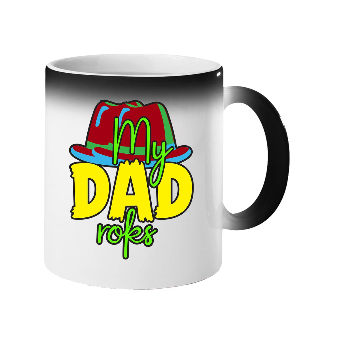 Colour changing mug revealing the colourful My Dad Rocks hat design