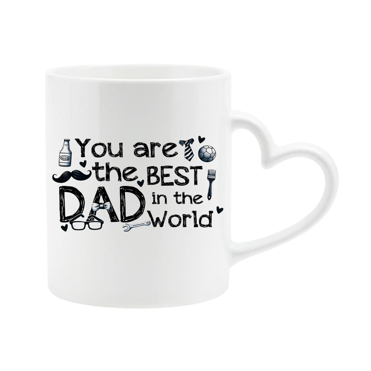 White heart-handle mug with “You are the best Dad in the world” with hand-drawn dad icons