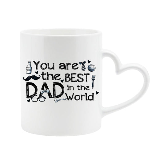 White heart-handle mug with “You are the best Dad in the world” with hand-drawn dad icons