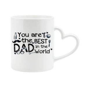 White heart-handle mug with “You are the best Dad in the world” with hand-drawn dad icons