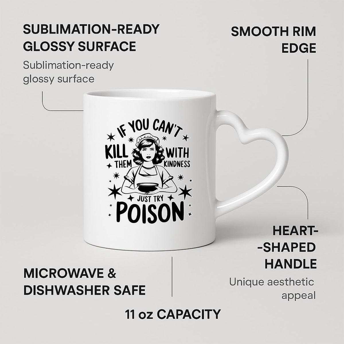 Heart-handle mug with labels for 11oz capacity, glossy surface and heart-shaped handle
