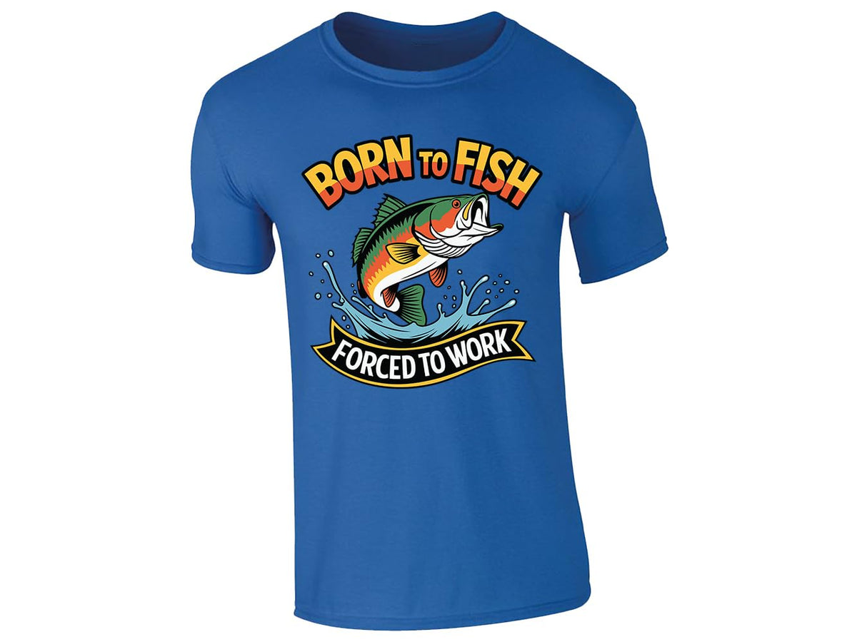 Royal Blue men's T-shirt with “Born to fish, forced to work” leaping bass design