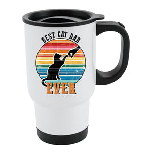 White travel mug with black lid and a black cat against a retro rainbow sunset with “Best Cat Dad Ever”