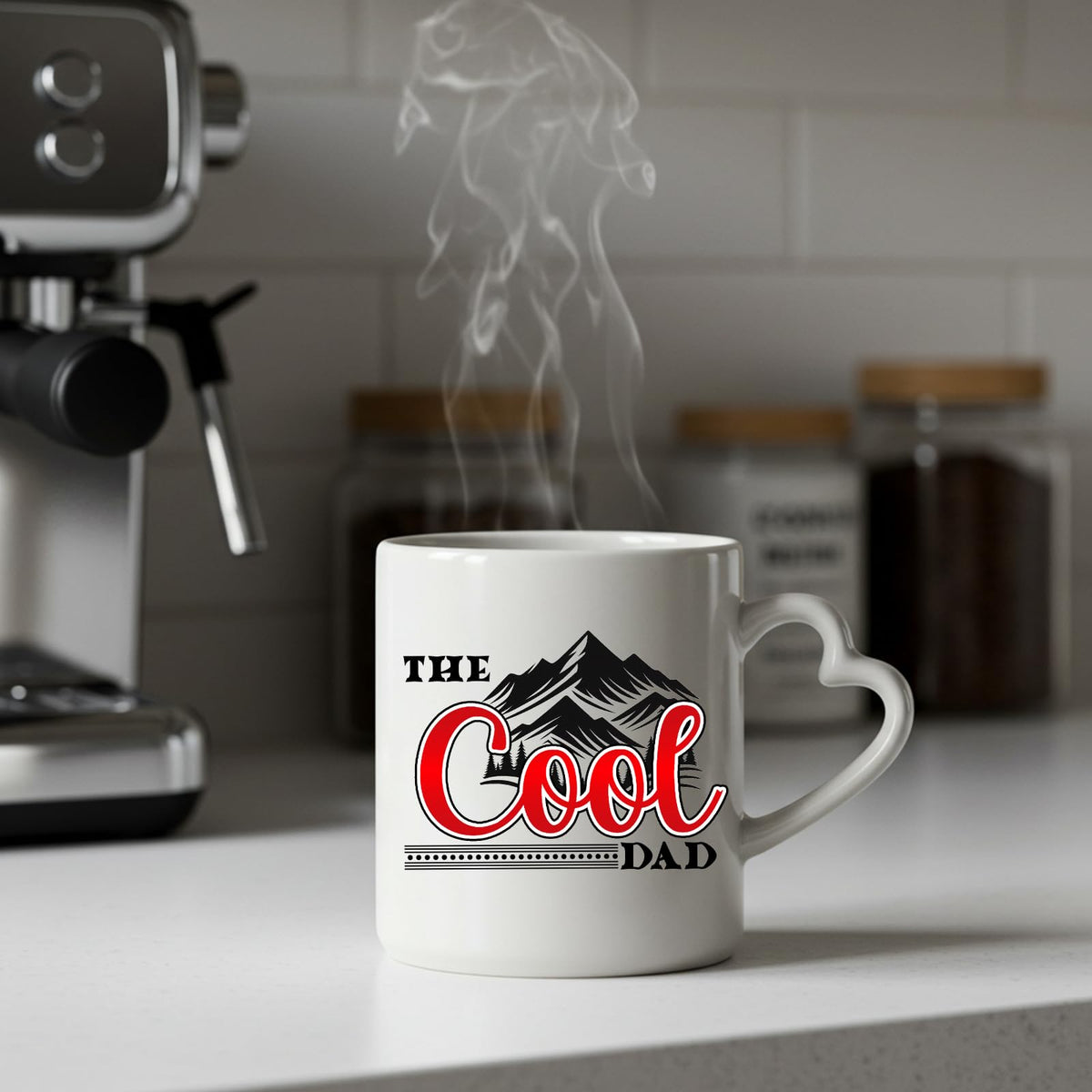 Steaming The Cool Dad mountains heart-handle mug on a kitchen counter