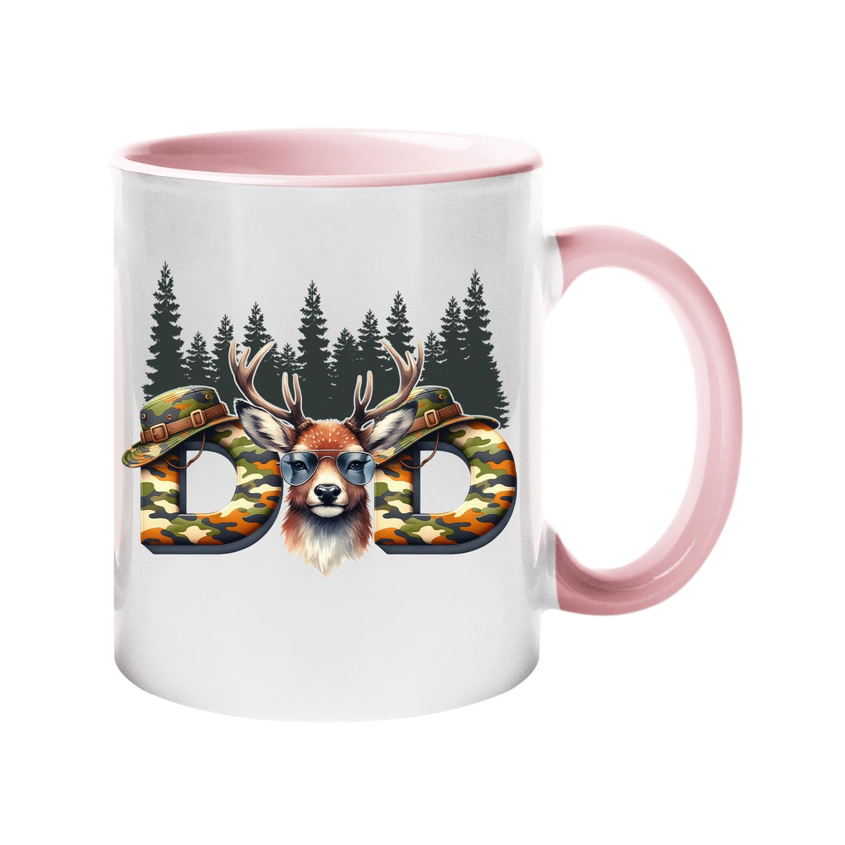 Colour handle mug with camo “DAD” letters with a stag’s head and pine forest – light pink handle and inside