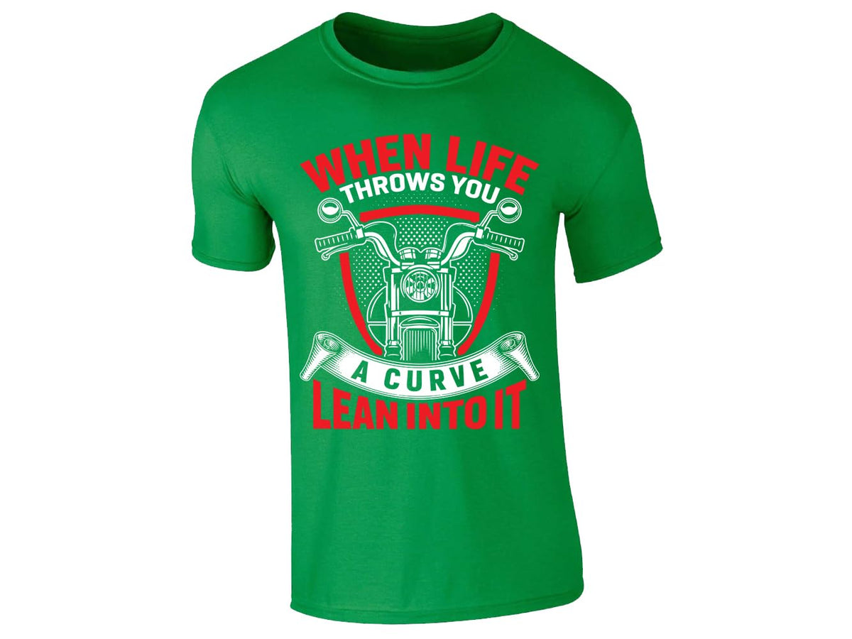 Irish Green men's T-shirt with “When life throws you a curve, lean into it” motorcycle design