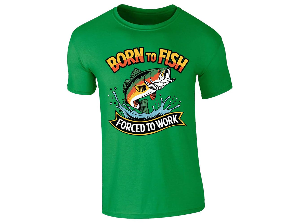 Irish Green men's T-shirt with “Born to fish, forced to work” leaping bass design