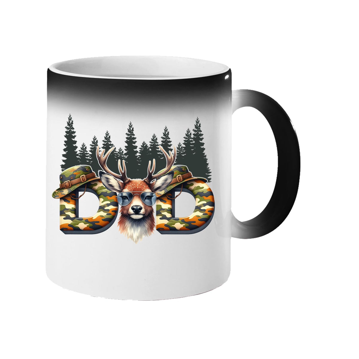 Colour changing mug revealing camo “DAD” letters with a stag’s head and pine forest