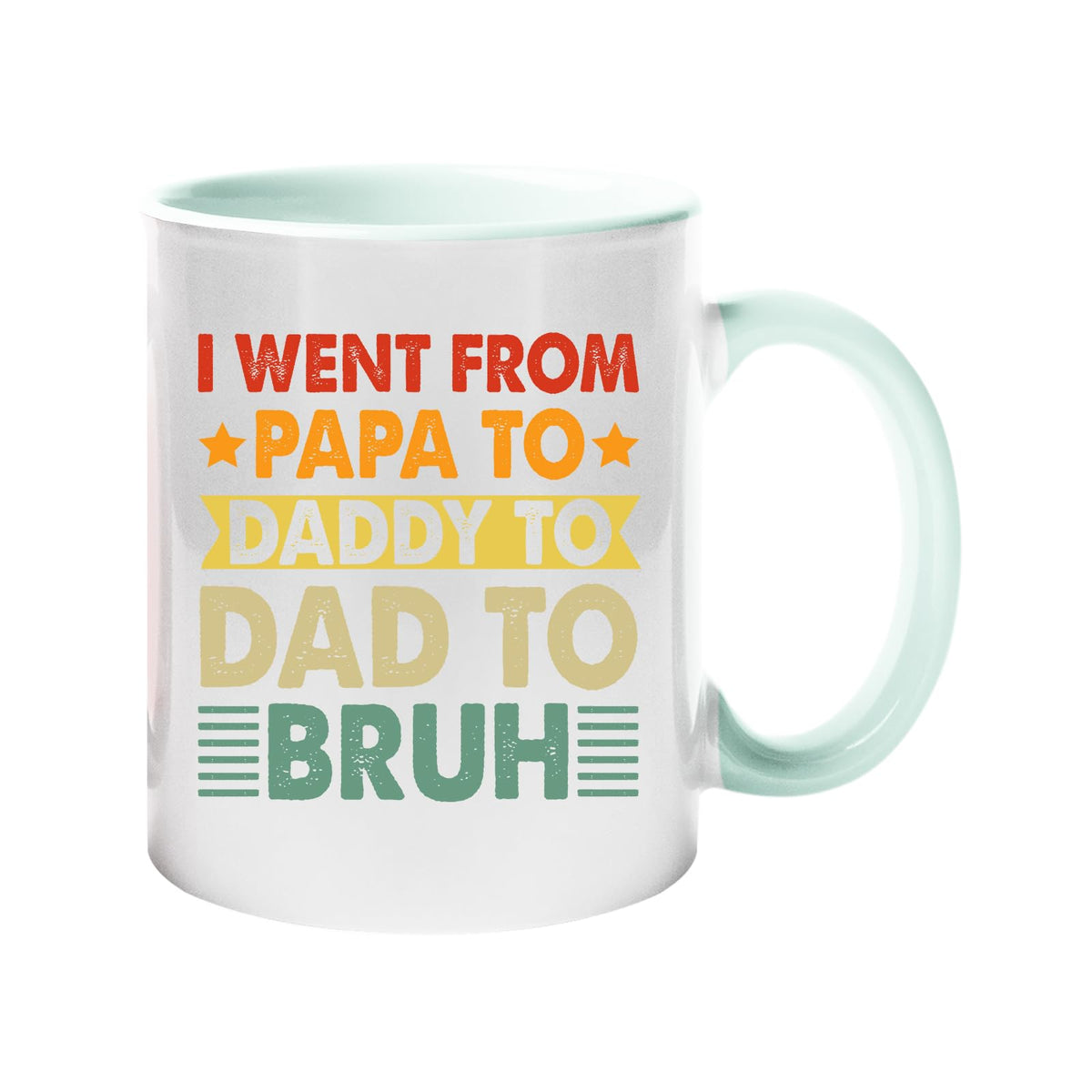 Colour handle mug with “I went from Papa to Daddy to Dad to Bruh” in retro lettering – lime handle and inside