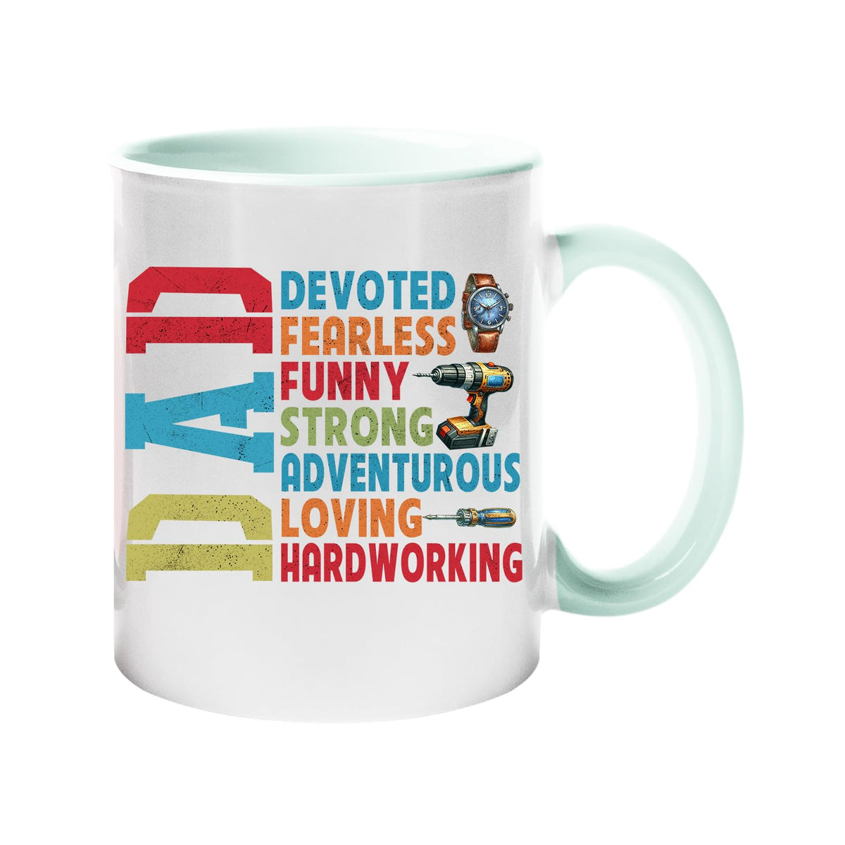 Colour handle mug with a vertical “DAD” beside devoted, fearless, funny, strong, adventurous, loving and hardworking – lime handle and inside