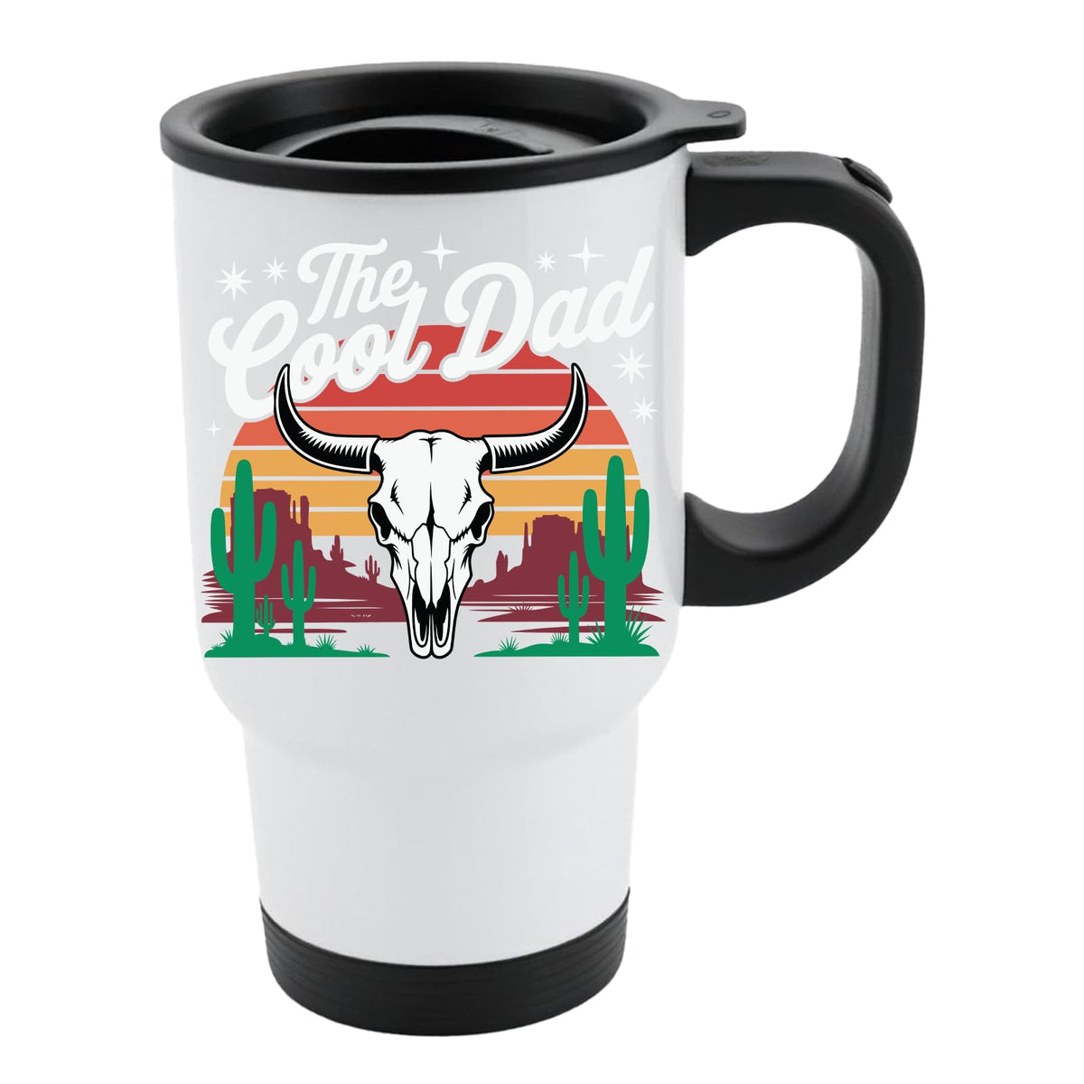 White travel mug with black lid and a bull skull, cacti and a retro desert sunset with “The Cool Dad”