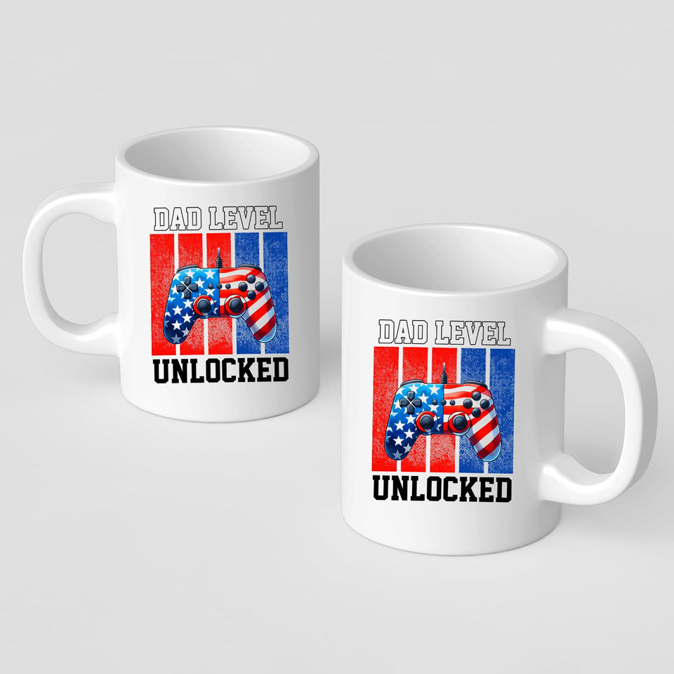 Front and back of the Dad Level Unlocked mug