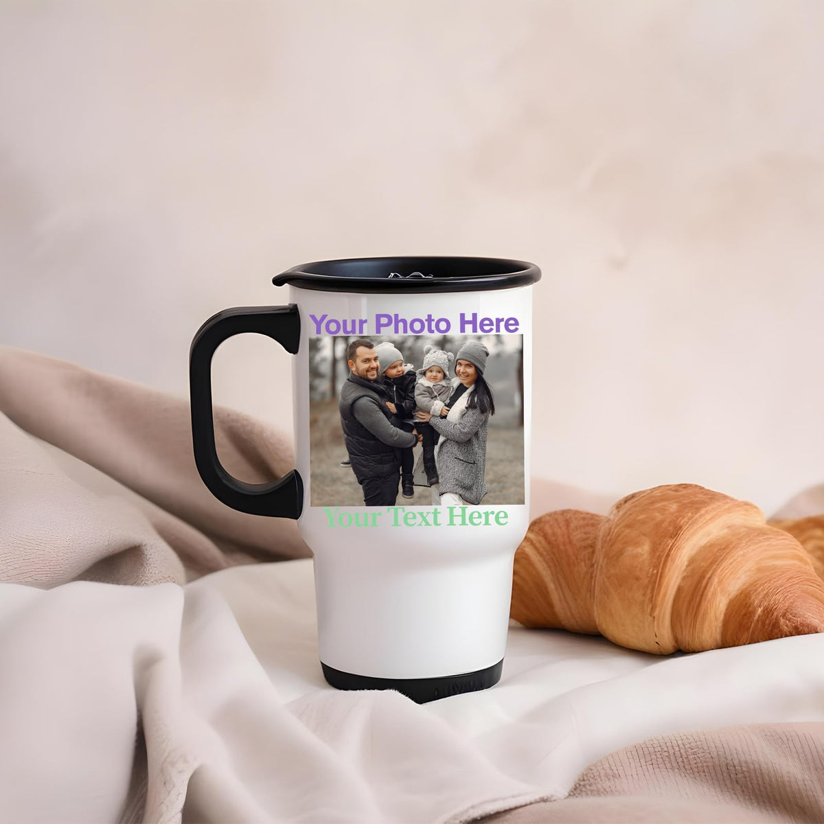 Travel mug showing an example photo and text layout