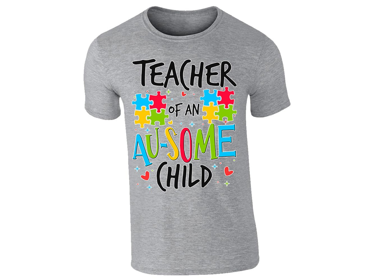 Heather Grey men's T-shirt with “Teacher of an Au-some child” puzzle piece design