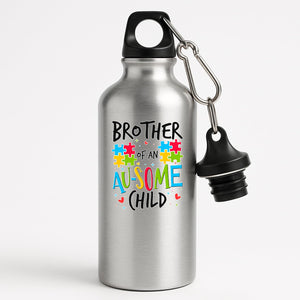 Silver aluminium water bottle with “Brother of an AU-SOME child” with colourful puzzle pieces
