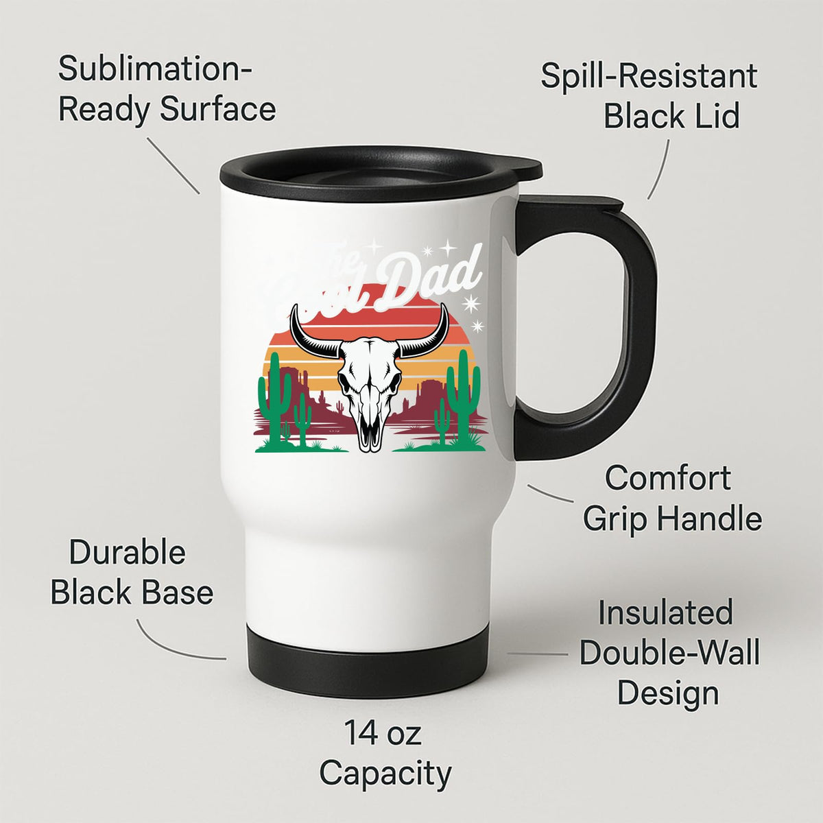 Travel mug with labels for spill-resistant lid, insulated double wall and 14oz capacity