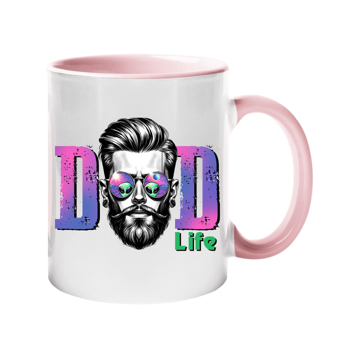 Colour handle mug with a bearded dad in sunglasses between pink “DAD” letters signed “Life” – light pink handle and inside