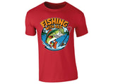 Red men's T-shirt with “Fishing with Dad” bass and lake design