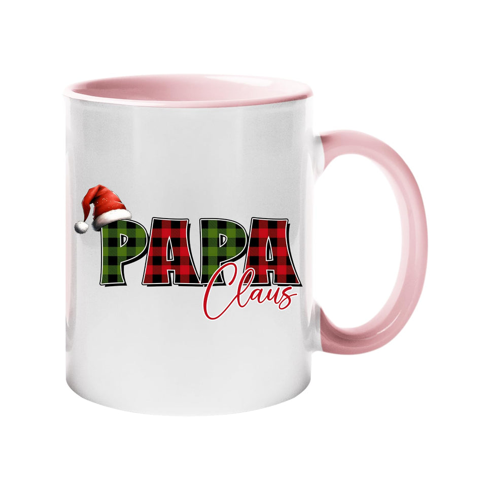 Colour handle mug with “Papa” in red and green plaid with a Santa hat and “Claus” in script – light pink handle and inside