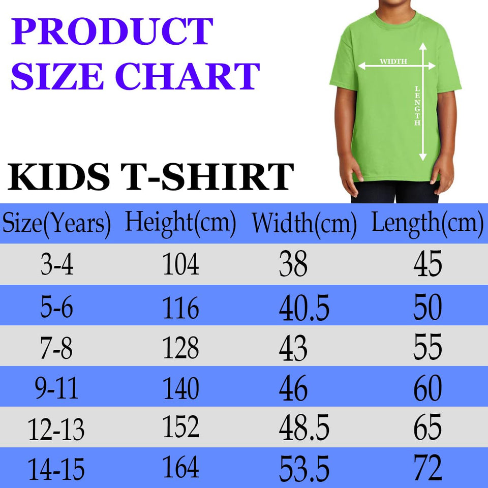 Kids' T-shirt size chart with height, width and length by age