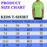 Kids' T-shirt size chart with height, width and length by age