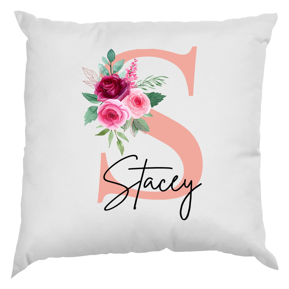 White cushion with a blush pink initial with roses and an example name