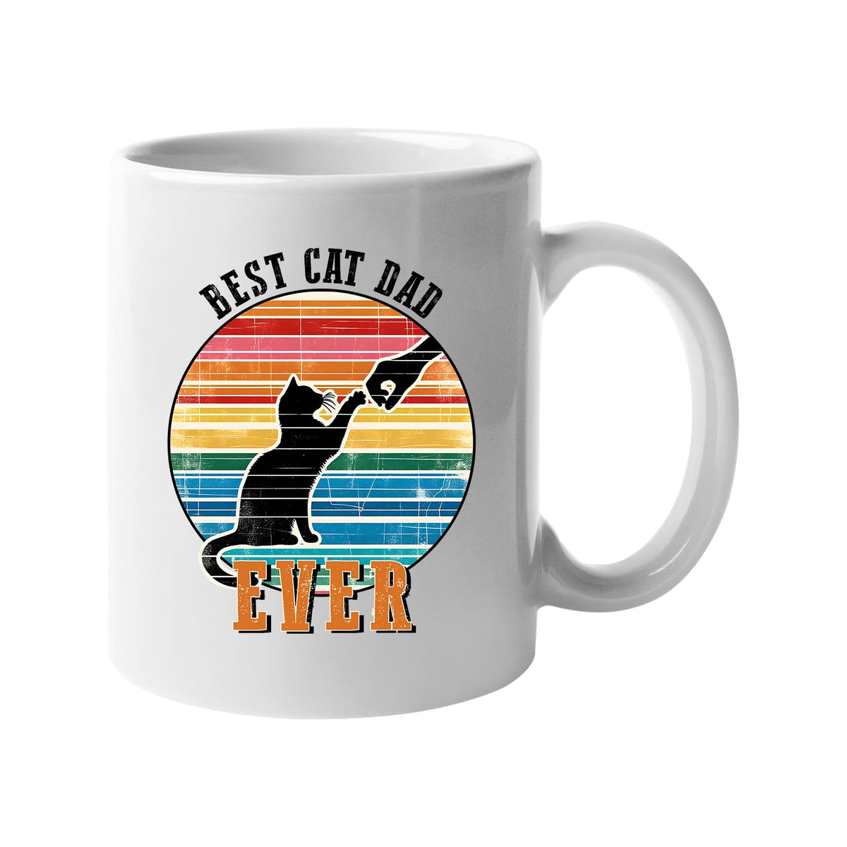 White mug with a black cat against a retro rainbow sunset with “Best Cat Dad Ever”
